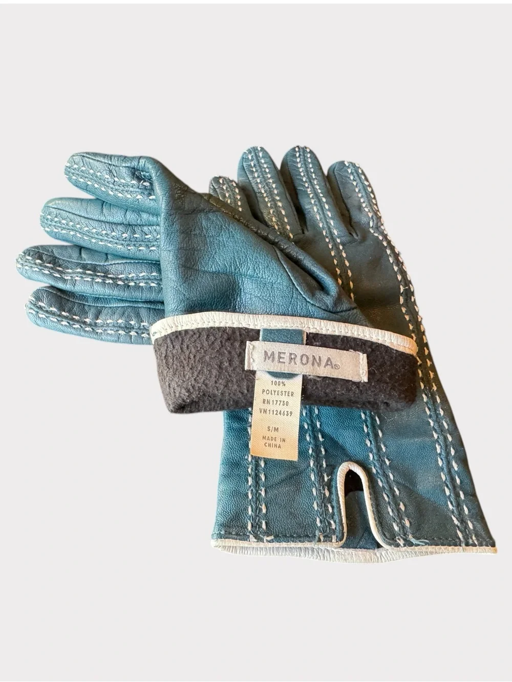 Merona Teal Blue Faux Leather Gloves White Contrast Stitching S/M